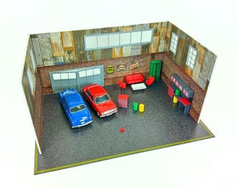 1/43スケール カーガレージジオラマ – 2階建てディスプレイモデル