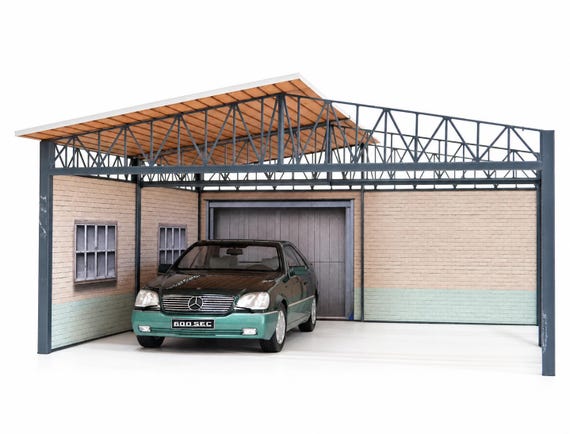Shelter Car Garage Scale 1:18 Brick Garage With Partial Roof Open