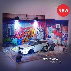Diorama de exposição de grafite em rua. Escala 1:24. Cena de garagem em diorama. Miniatura de grafite em exposição de rua. Kit de maquete de diorama.