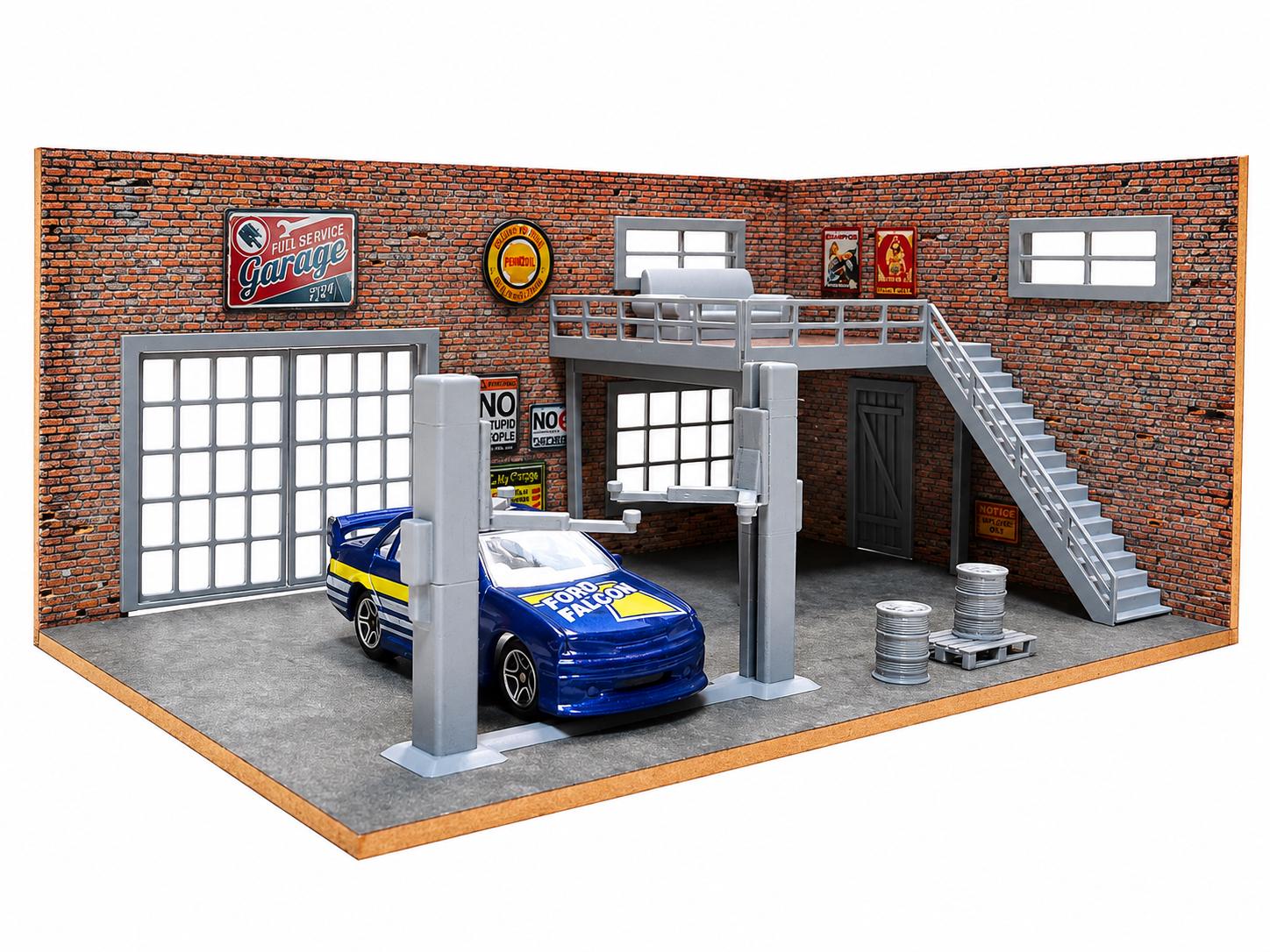 2階建て自動車ガレージジオラマキット – 1:60-64スケール ミニチュア