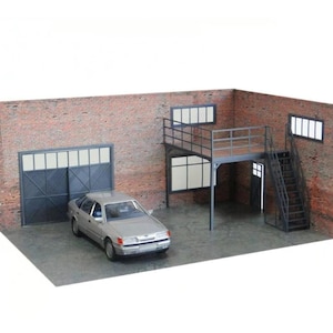 Brick Garage Diorama Kit - Two-Story Platform 1:24 Scale – Model Car Display Garage Scene Size 1/24