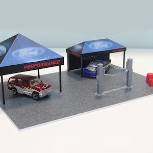 Rally sponsor tents with parking base / Scale 1:60, 64 / Sports car models display / Diorama rally tent / Diorama racetrack decoration