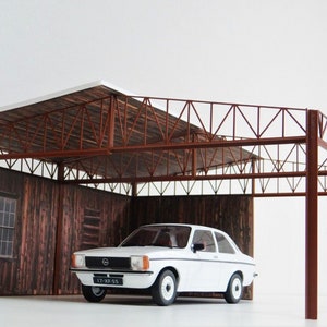 Wooden retro auto shelter parking. Scale 1:18. Shelter car garage. Car models display. Diorama model kit