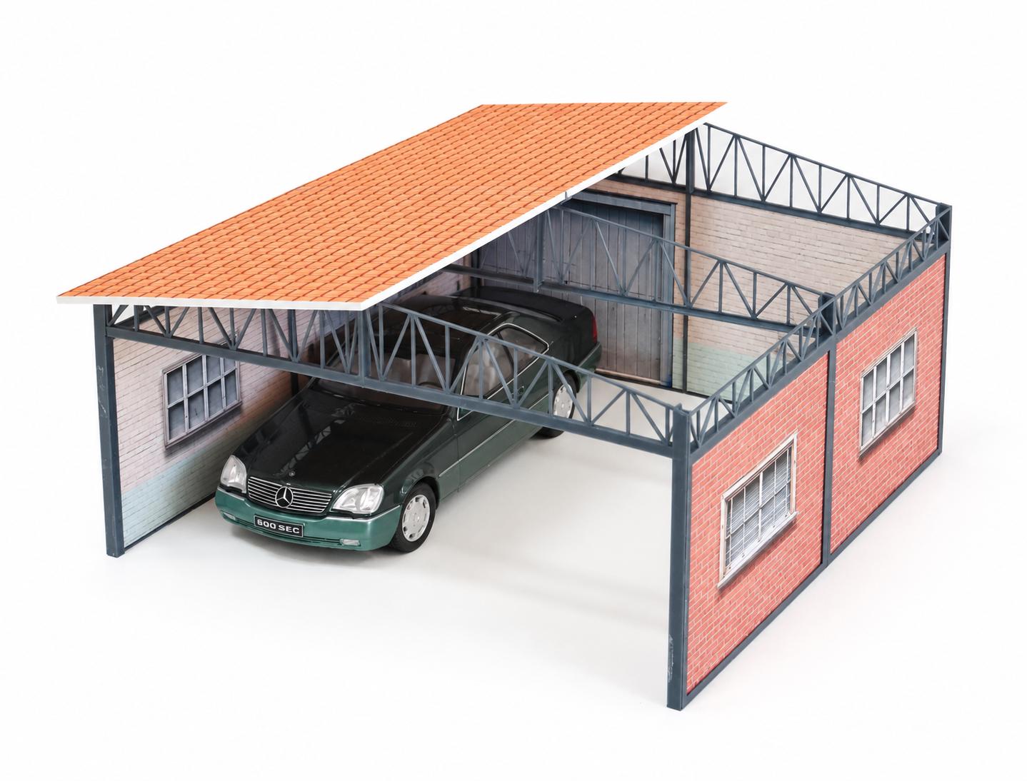 ★brabos-garage★① Shelter Car Garage Scale 1:18 Brick Garage With Partial Roof Open