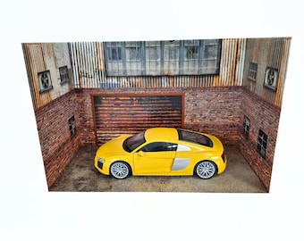 1:18スケールの工業用ガレージジオラマ - 都市型レンガ工房の展示
