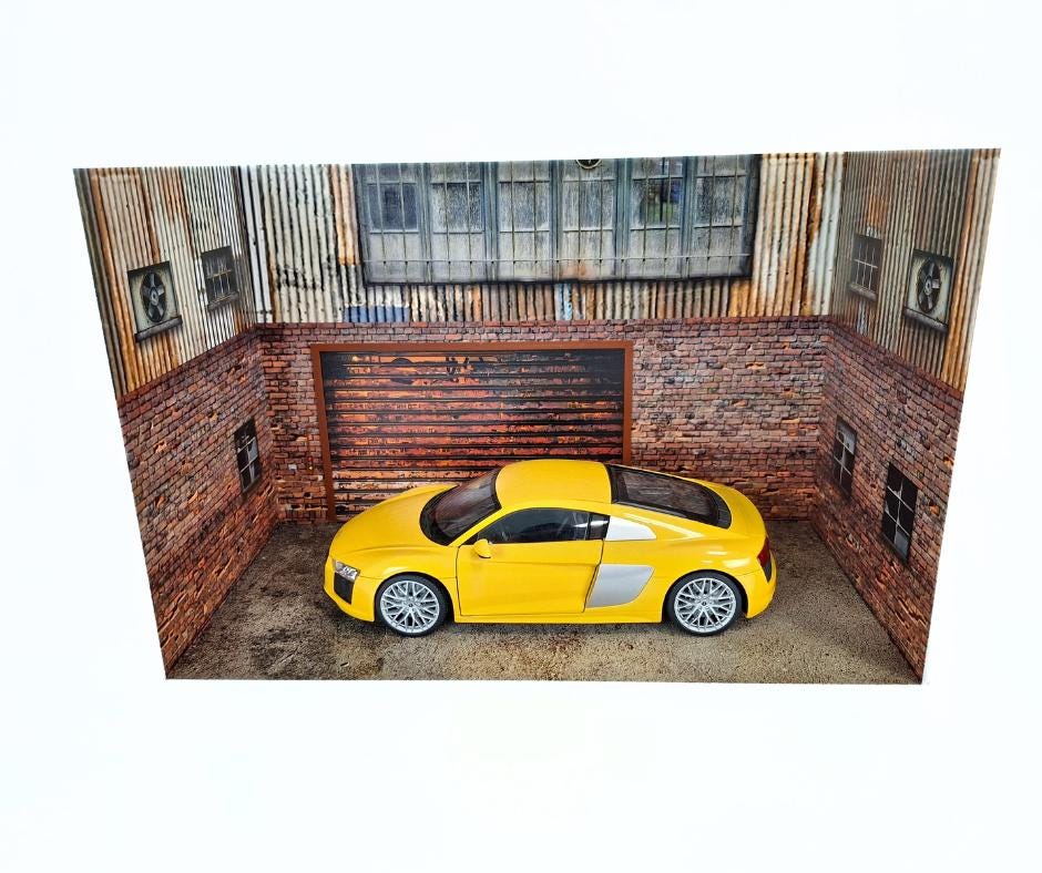 1:18スケールの工業用ガレージジオラマ - 都市型レンガ工房の展示