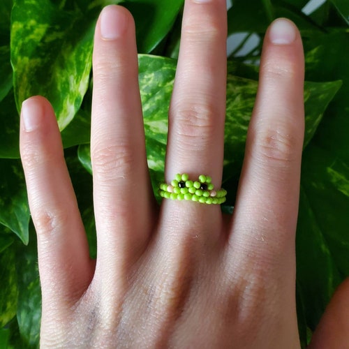 Handmade Light Green Seed Bead Frog Ring Etsy