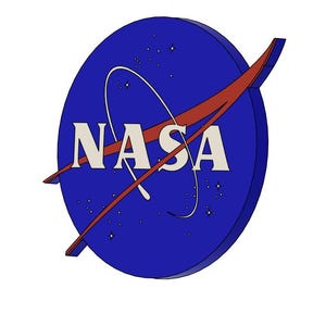 May include: The NASA logo, a blue circular emblem with the word "NASA" in white block letters. A red swoosh arcs across the logo, with a white orbital path and stars in the background. The design is a classic representation of space exploration.