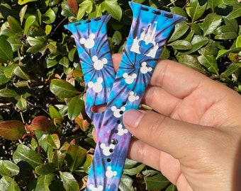 Blue Tie Dye Disney Castle Apple Watch Band, Engraved Disney Band, Disney Watch Band, Silicone Apple Watch Band