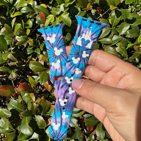 Blue Tie Dye Disney Castle Apple Watch Band, Engraved Disney Band, Disney Watch Band, Silicone Apple Watch Band