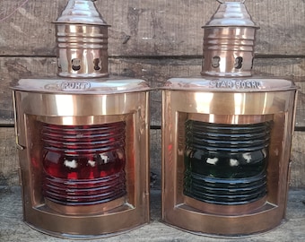 Vintage massief messing bakboord- en stuurboordlantaarn: rood/groen glas maritiem decor