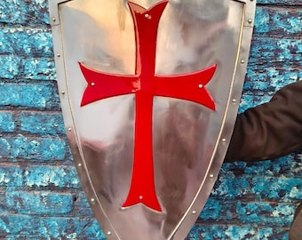 Handmade Medieval Crusader Shield – 18g Steel Knight Templar Red Cross, LARP Cosplay