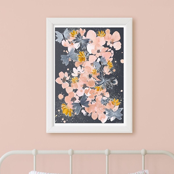 Pink Butterfly Floral Print, Flower Wall Art, Boho Wall Decor, Blush Pink and Blue Girls Room Art, Nursery Wall Decor, Watercolor Print