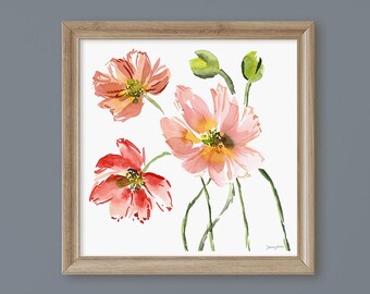 Poppy Print, Red and Pink Flower Wall Art, Abstract Floral Wall Decor, Watercolor Print