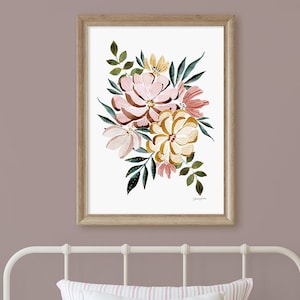 Pink and Yellow Floral Print, Watercolor Flowers, Nursery Decor, Girls Room, Watercolor Art