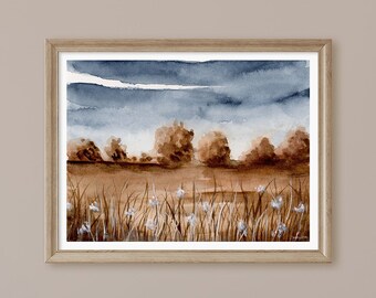 Fall Meadow Print, Brown and Blue Wall Art, Watercolor Landscape, Autumn Wall Decor
