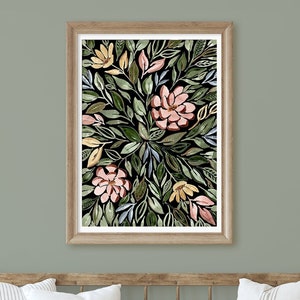 Black & Green Floral Print, Botanical Sunburst Wall Art, Flower Wall Decor, Sage Green Art, Watercolor Print