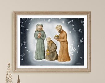 Aquarell Krippe Kunstdruck | Drei weise Männer Wandkunst | Christliche Weihnachtsdekoration | Giclée Bethlehem Druck | Katholisches religiöses Geschenk