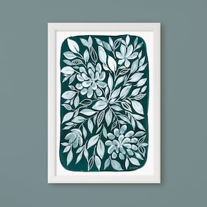 Teal Botanical Print, Floral Sunburst Wall Art, White Floral Wall Decor, Gouache Print