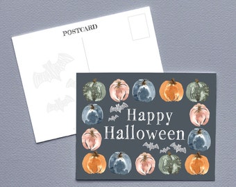 Happy Halloween Postcard | Pumpkins & Bats | Fall Card  | Cute Greeting