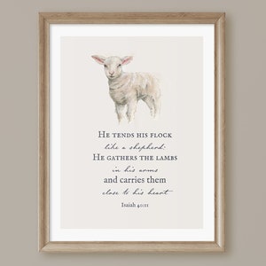 Isaiah 40:11 Lamb Scripture Print for Nursery, Christian Wall Art, Watercolor Sheep