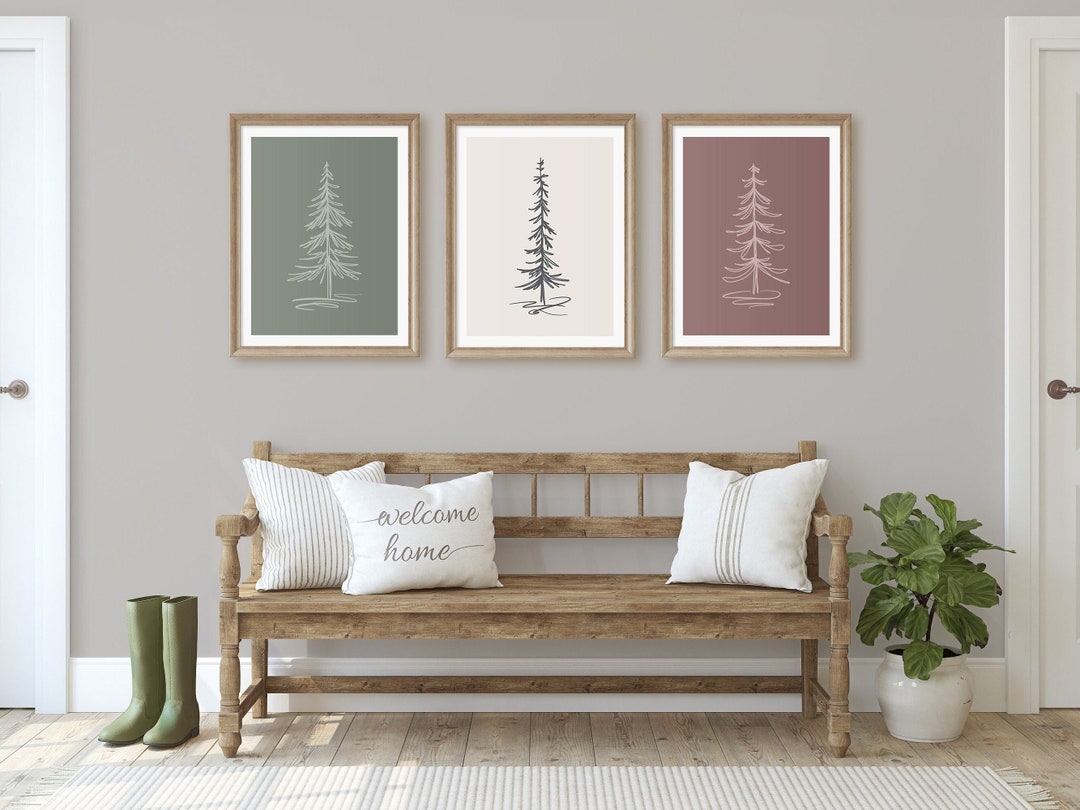 Minimalist Pine Tree Prints, Set of 3, Sage Green, Cream, and Dusty ...