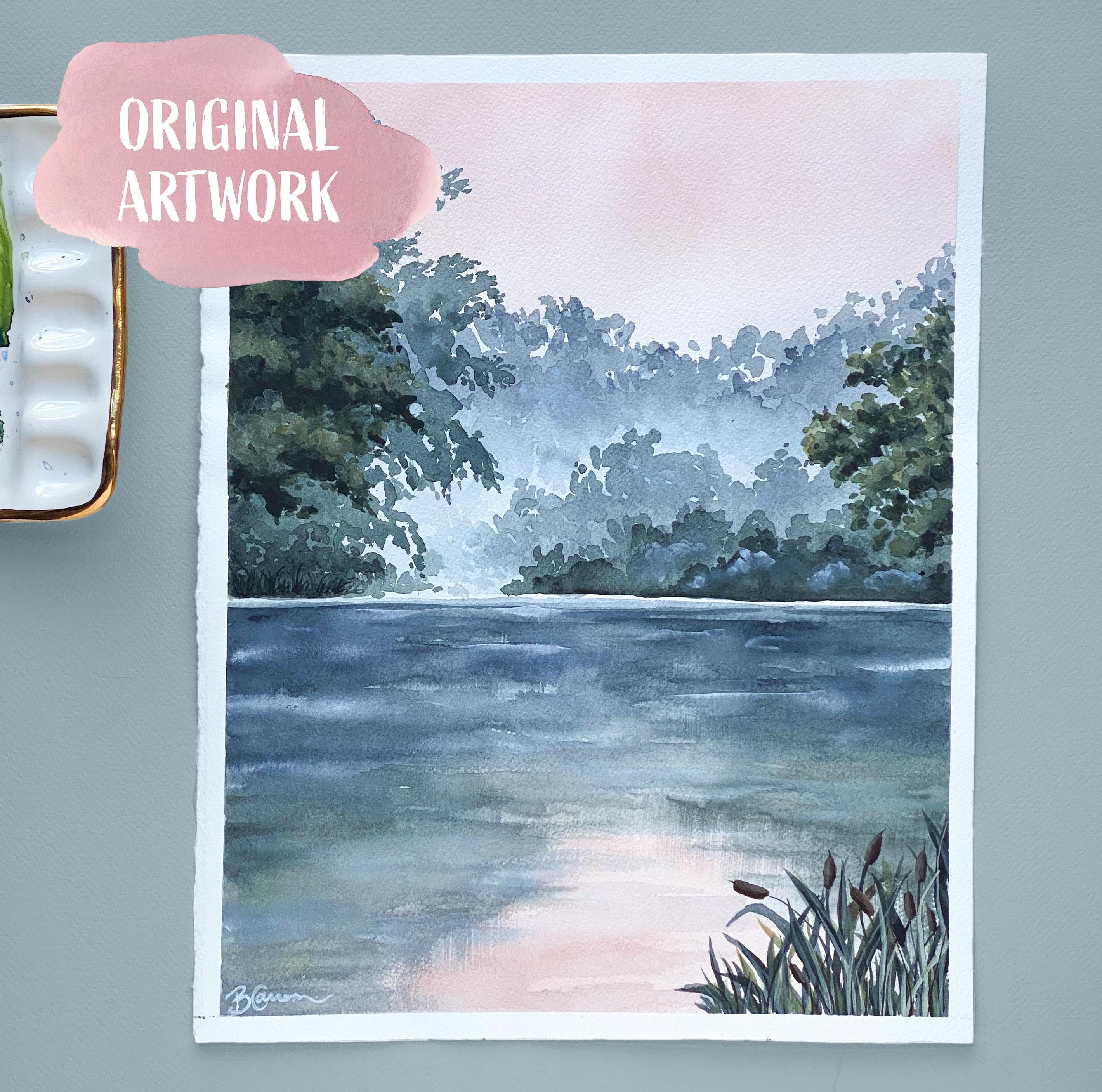 ORIGINAL Lake Sunrise Watercolor Painting, Wall Art