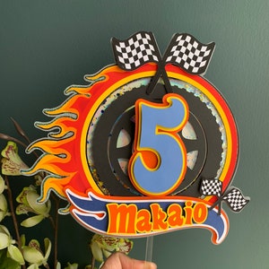 3D Personalized inspired hot wheels theme cake topper, racing birthday party, party decorations orange black yellow blue,formula car topper,