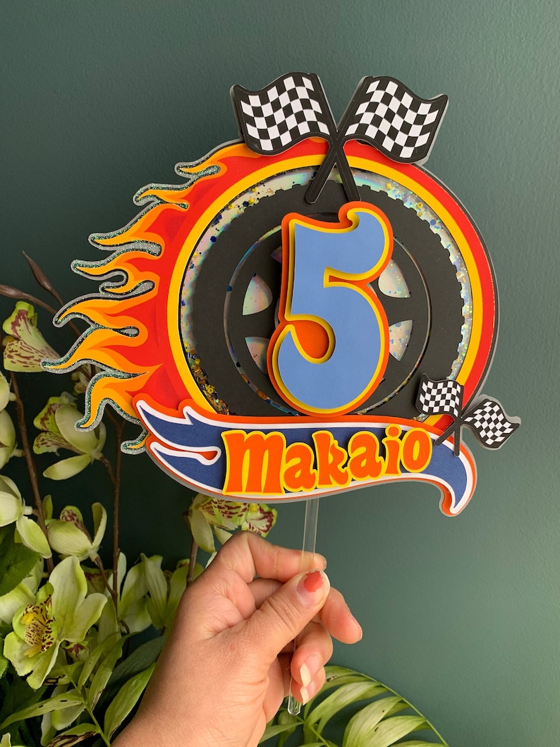 3D Personalized inspired hot wheels theme cake topper, racing birthday party, party decorations orange black yellow blue,formula car topper, image 1