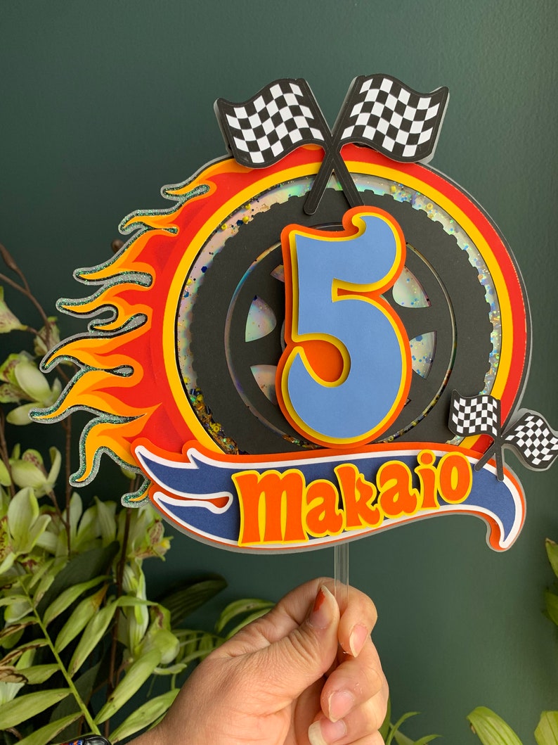 3D Personalized inspired hot wheels theme cake topper, racing birthday party, party decorations orange black yellow blue,formula car topper, image 7