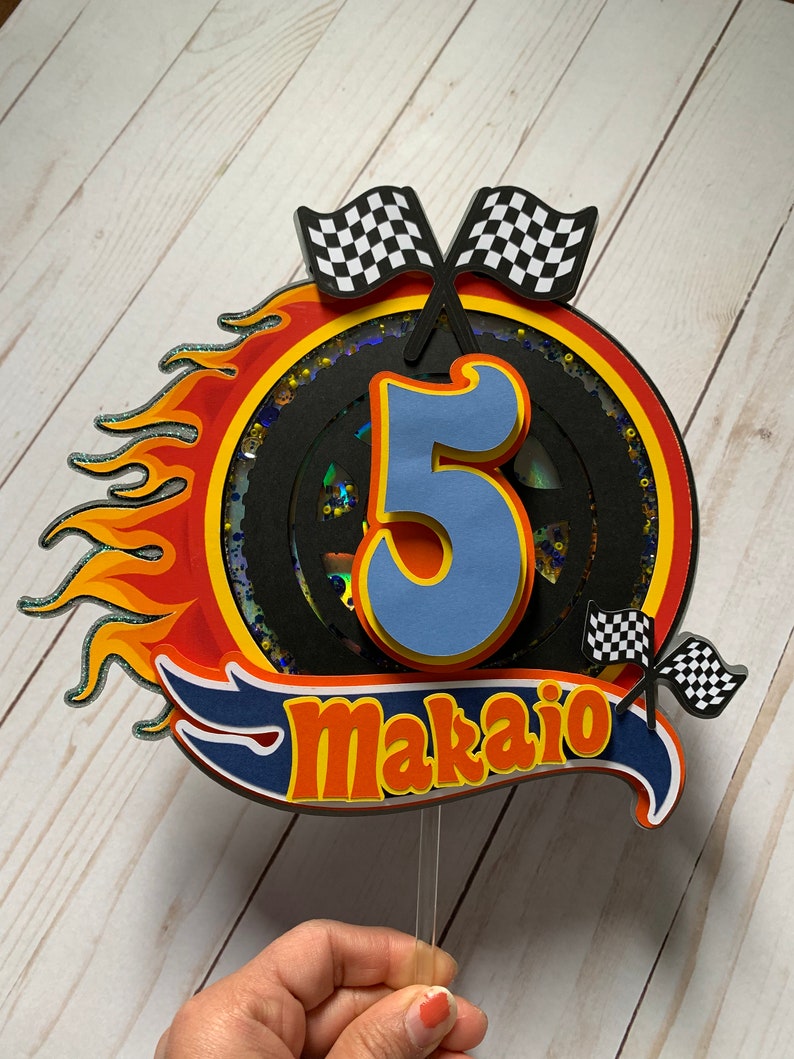 3D Personalized inspired hot wheels theme cake topper, racing birthday party, party decorations orange black yellow blue,formula car topper, image 6