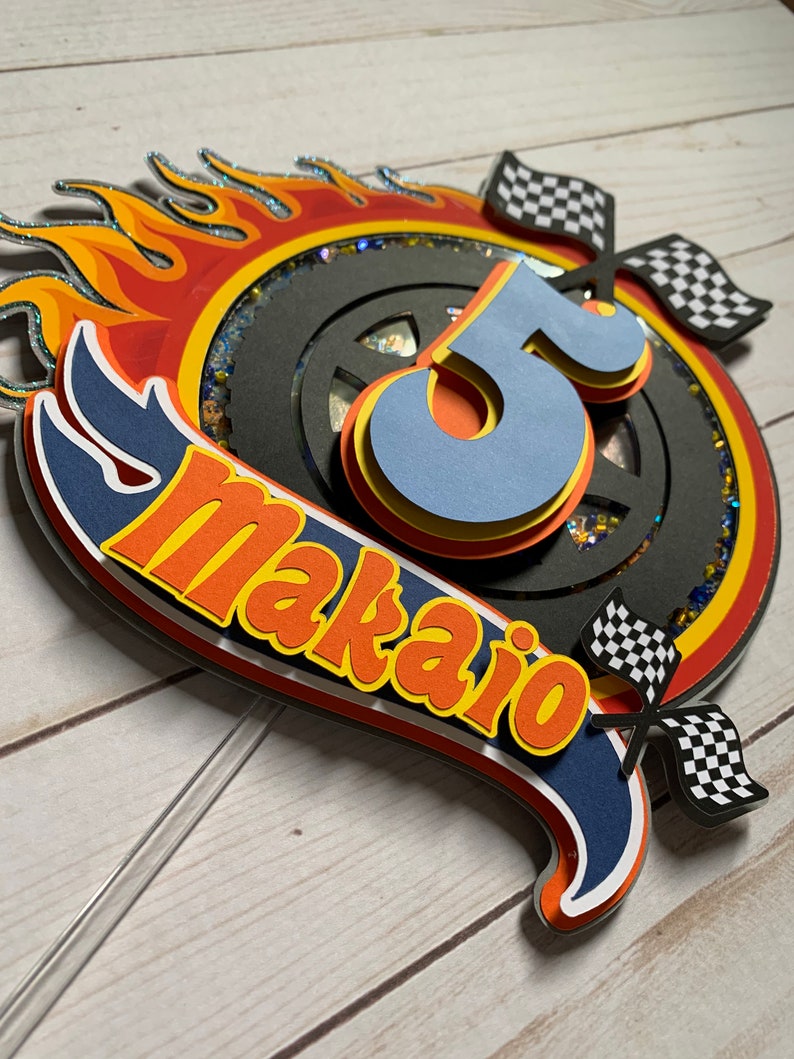 3D Personalized inspired hot wheels theme cake topper, racing birthday party, party decorations orange black yellow blue,formula car topper, image 4