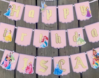 princess birthday banner,Ariel,Cinderella,Pocahontas,Mulan,SnowWhite,Jasmine,Aurora,Tiana,Rapunzel,Tinker bell,Belle,Moana,Elsa&Anna,