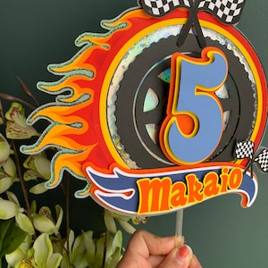 3D Personalized inspired hot wheels theme cake topper, racing birthday party, party decorations orange black yellow blue,formula car topper, image 2