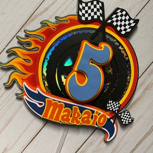 3D Personalized inspired hot wheels theme cake topper, racing birthday party, party decorations orange black yellow blue,formula car topper, image 5