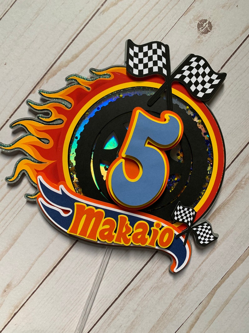 3D Personalized inspired hot wheels theme cake topper, racing birthday party, party decorations orange black yellow blue,formula car topper, image 5