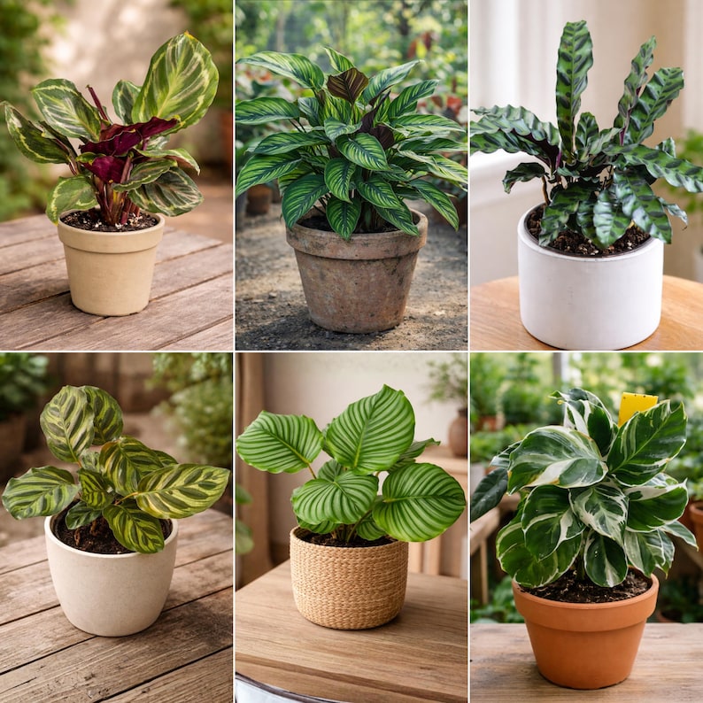 May include: A collection of six potted Calathea plants, showcasing various leaf patterns and colors. The plants are in different pots, including terracotta, ceramic, and woven containers. The leaves display shades of green, with some featuring stripes and patterns.