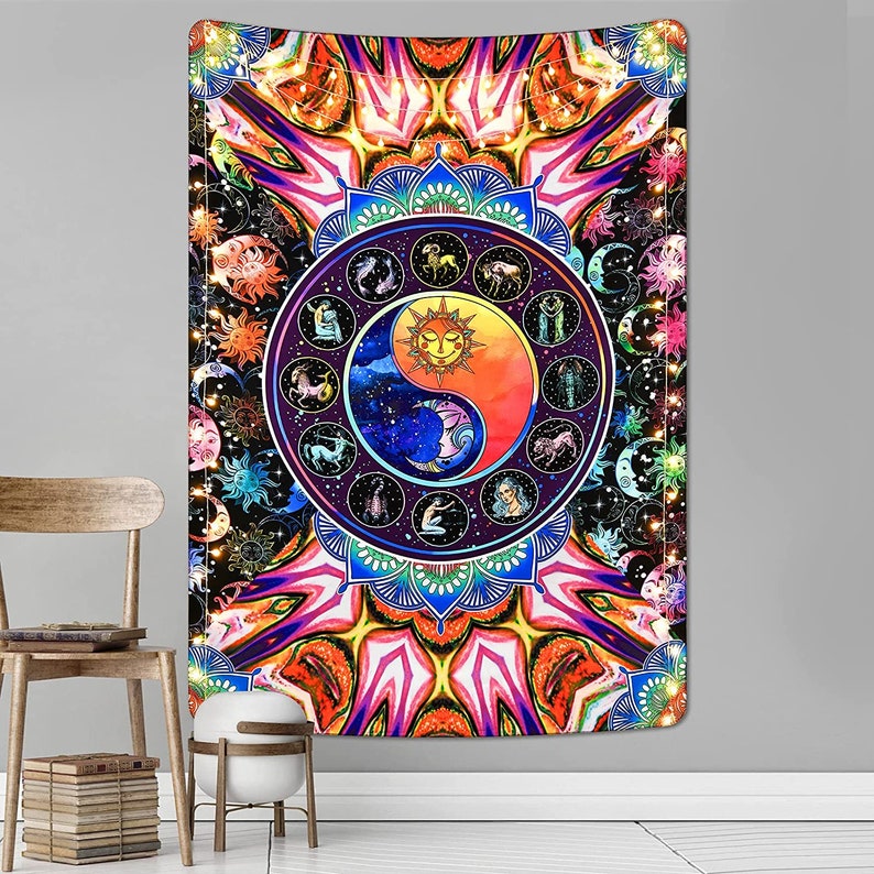 Trippy Zodiac Tapestry Sun and Moon Tapestry Hippie 12 | Etsy Trippy Zodiac Tapestry Sun and Moon Tapestry Hippie 12 | Etsy