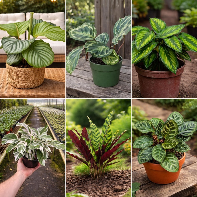 May include: A collection of potted Calathea plants, showcasing various leaf patterns and colors. The plants are in different pots, including woven baskets and terracotta pots. The leaves display shades of green, white, and burgundy, with distinct stripe and pattern variations.