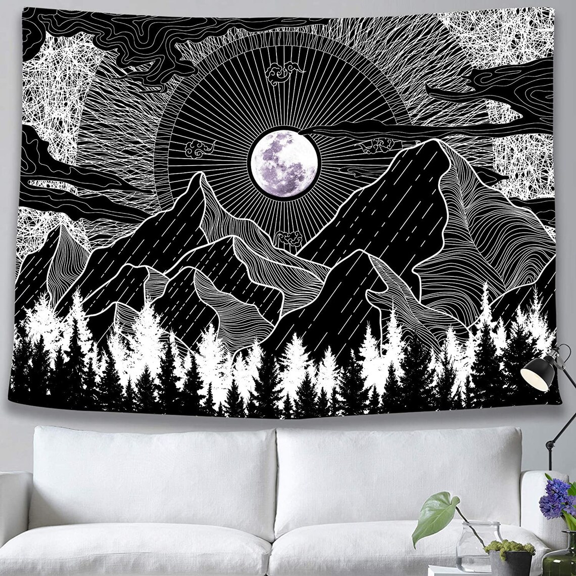 Moon Mountain Tapestry Black and White Tapestry Wall Hanging Etsy