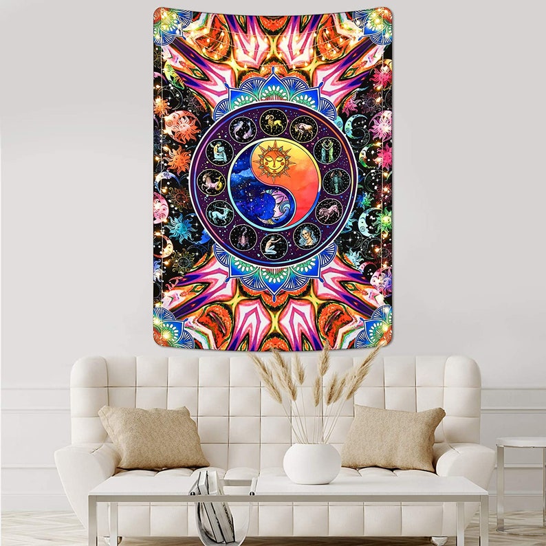 Trippy Zodiac Tapestry Sun and Moon Tapestry Hippie 12 | Etsy Trippy Zodiac Tapestry Sun and Moon Tapestry Hippie 12 | Etsy