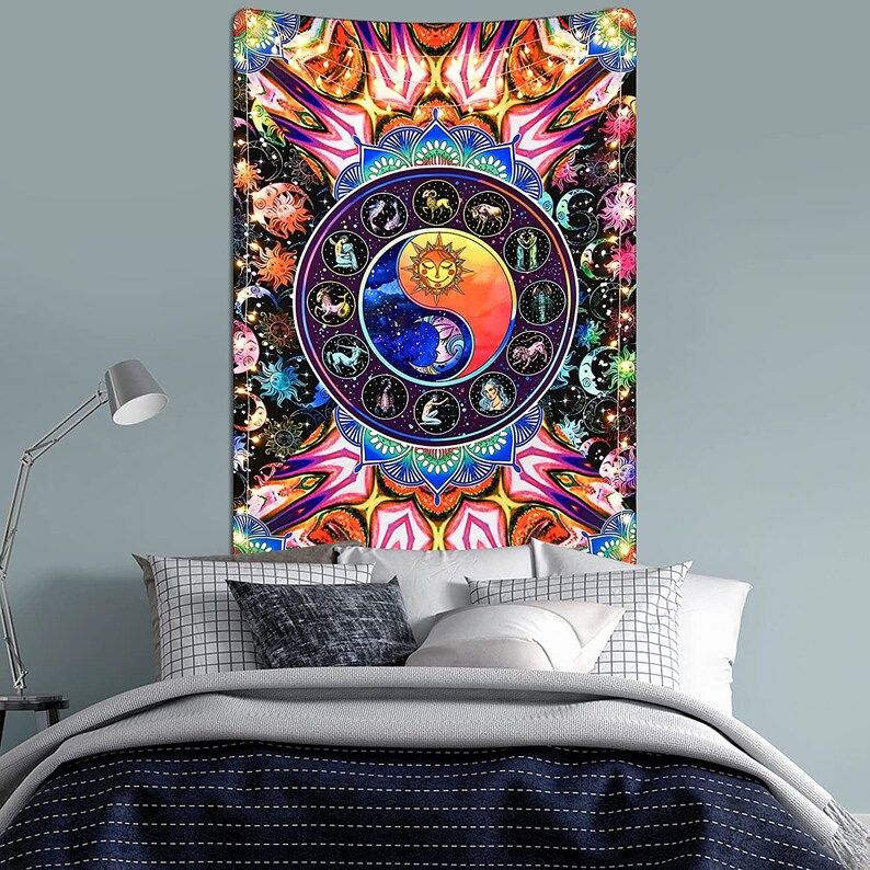 Trippy Zodiac Tapestry Sun and Moon Tapestry Hippie 12 | Etsy Trippy Zodiac Tapestry Sun and Moon Tapestry Hippie 12 | Etsy
