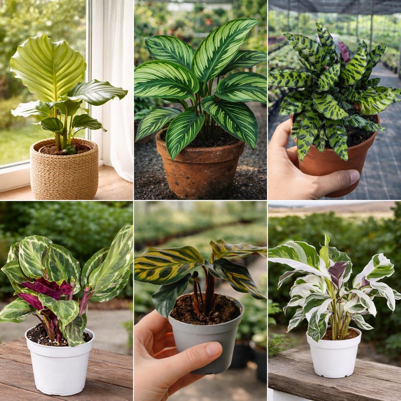 May include: A collection of potted Calathea plants, showcasing various leaf patterns and colors. The plants are in different sized pots, including terracotta and white ceramic. Some plants have green and white striped leaves, while others have dark green and purple accents.