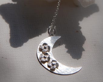 Handmade Crescent Moon Necklace with Flowers- Sterling Silver.