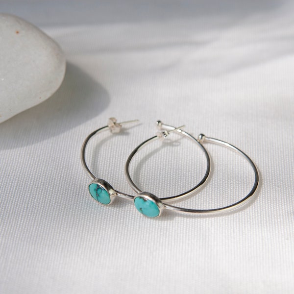 Sterling Silver and Turquoise Hoop (1.5" Diameter) Earrings