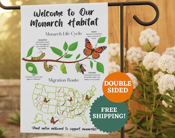 Monarch Butterfly Garden Flag | Monarch Habitat Sign Butterfly Pollinator Garden Monarch Yard Art Butterfly Banner Monarch Life Cycle Stages