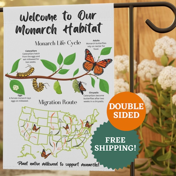 Monarch Butterfly Garden Flag | Monarch Habitat Sign Butterfly Pollinator Garden Monarch Yard Art Butterfly Banner Monarch Life Cycle Stages