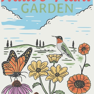 Może przedstawiać: Kolorowa ilustracja ogrodu z rodzimymi roślinami, kolibry, motylem i r&oacute;żnymi kwiatami. Tekst "Native Plant Garden" znajduje się w g&oacute;rnej części obrazu.