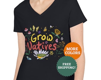Grow Native Plants V-Neck T-Shirt | Butterfly Bee Pollinator Shirt