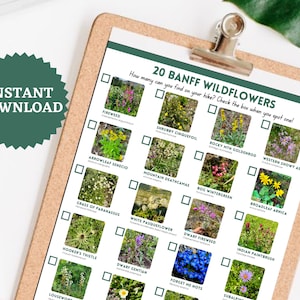 May include: A printable checklist of 20 Banff wildflowers with illustrations of each flower. The checklist includes a box to check off each flower as you find it on your hike.